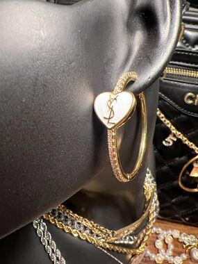 Heart Hoop Earrings in Gold with White Enamel